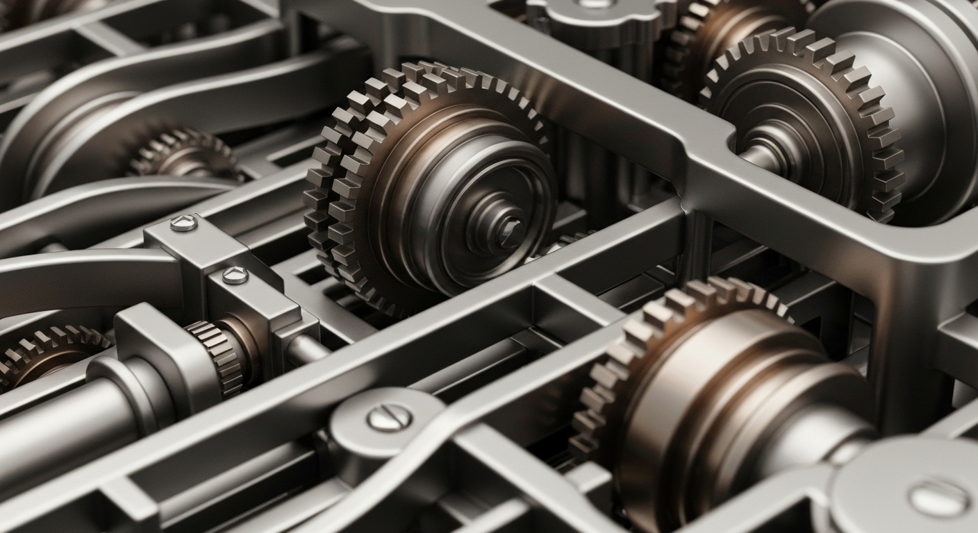 A highly detailed, cinematic close-up of complex, metallic banking machinery and gears, conveying a sense of institutional financial power and security without using any text or identifiable elements.