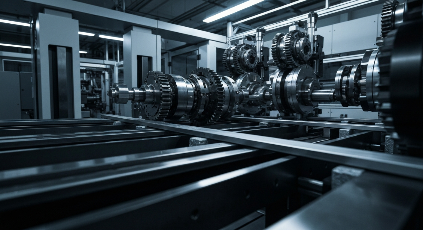 An extreme, cinematic close-up of heavy, tangible banking mechanics and objects in the style of Margaret Bourke-White, representing the physical infrastructure and equipment that powers the semiconductor industry.