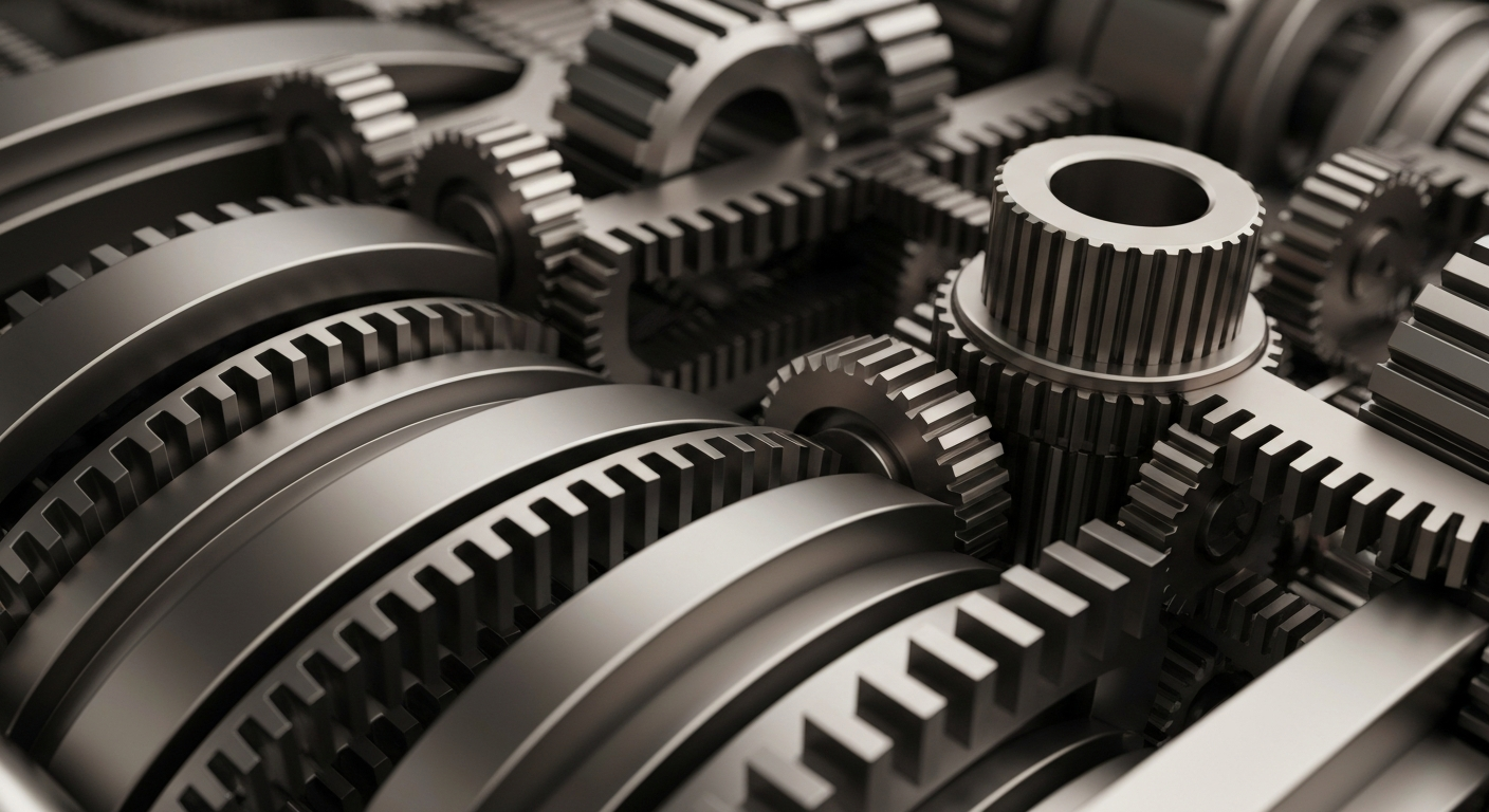 An extreme close-up of intricately designed metal gears and machinery, representing the complex industrial processes behind Corning's specialty materials.