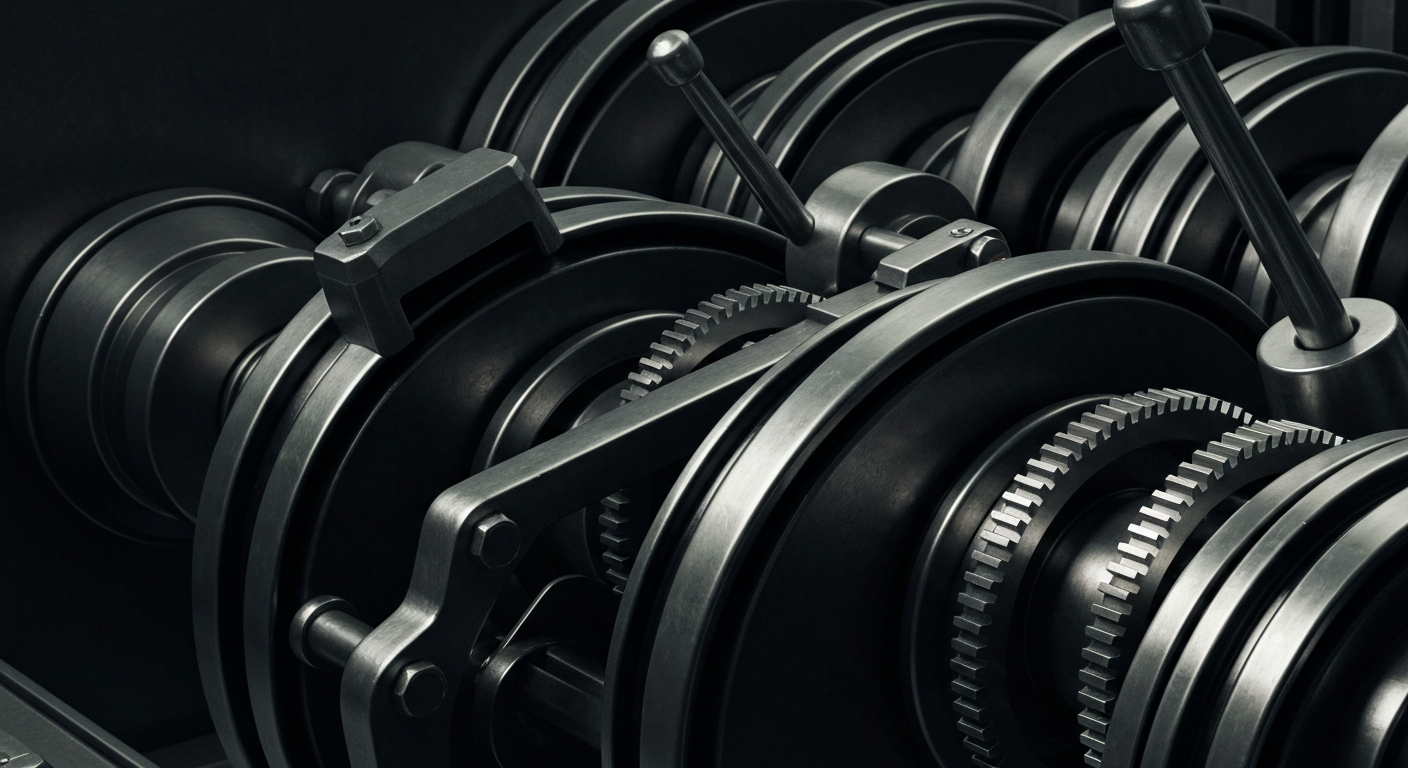 A close-up view of intricate, industrial-looking banking machinery and equipment, conveying a sense of financial security and institutional power without depicting any literal currency or symbols.