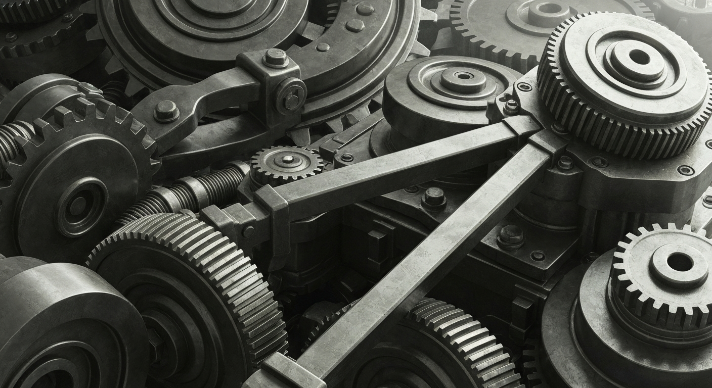 An extreme close-up of intricately connected metal gears, levers, and other industrial components in shades of grey, black, and silver, conceptually representing the complex financial infrastructure and institutional investment driving the mobile app economy.
