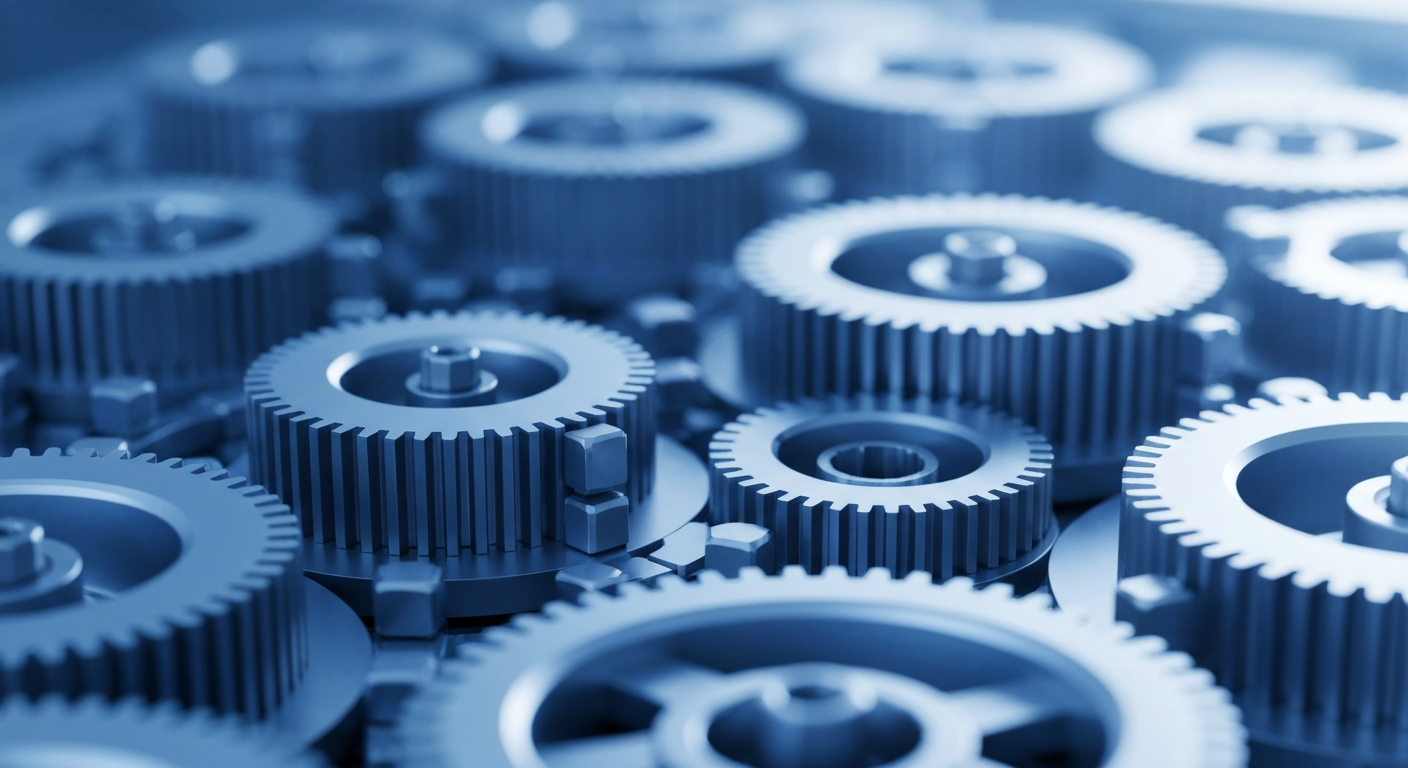 An extreme close-up of intricately designed metal gears and machinery, conveying the complex technological infrastructure behind a major semiconductor company.