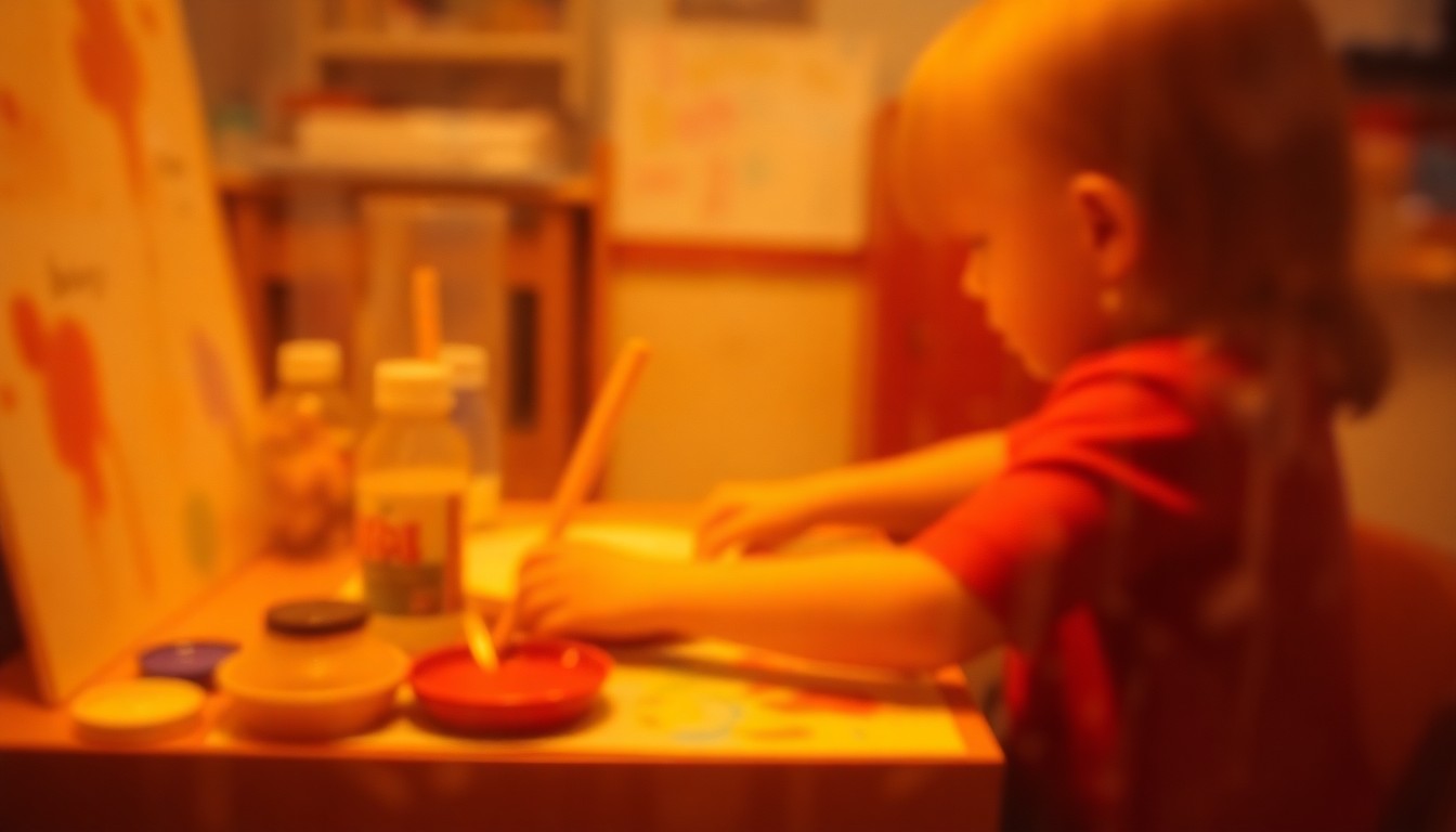An abstract, soft-focus image of a child's hands mixing paints at an art station, conveying the warm, creative atmosphere of a home designed for active learning and self-expression.