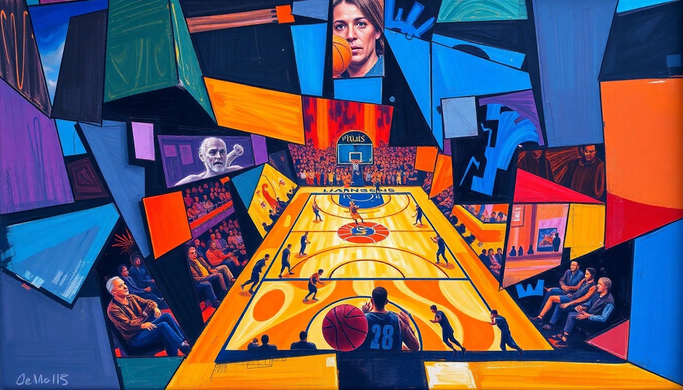 A fragmented, abstract painting depicting an NBA basketball game, with the players and court broken down into sharp, overlapping planes of color and shape, creating a sense of motion and energy.