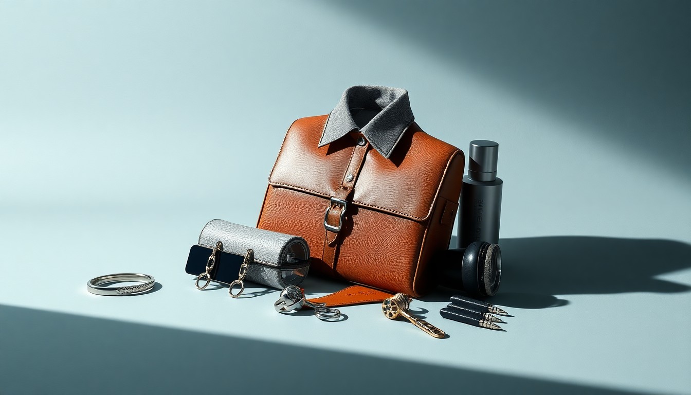 A high-end studio photograph featuring a carefully arranged composition of polished, premium materials like textiles, leather, and hardware, conveying a sense of corporate strategy and industry competition through the use of dramatic lighting and shadows.