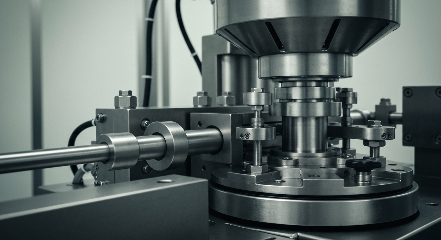 A cinematic close-up of heavy, polished metal pharmaceutical manufacturing equipment, representing the industrial scale and technical sophistication of the medical research and development process.