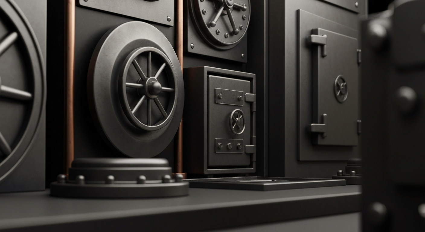 A highly detailed, cinematic close-up of the complex mechanisms and heavy materials that make up the security systems and storage vaults of a regional bank, conveying a sense of institutional strength and stability.