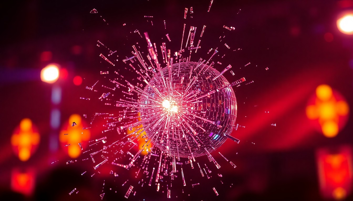 An abstract close-up photograph of shattered, glittering disco glass under dramatic studio lighting, capturing the energy and spectacle of Anyma's Coachella performance.