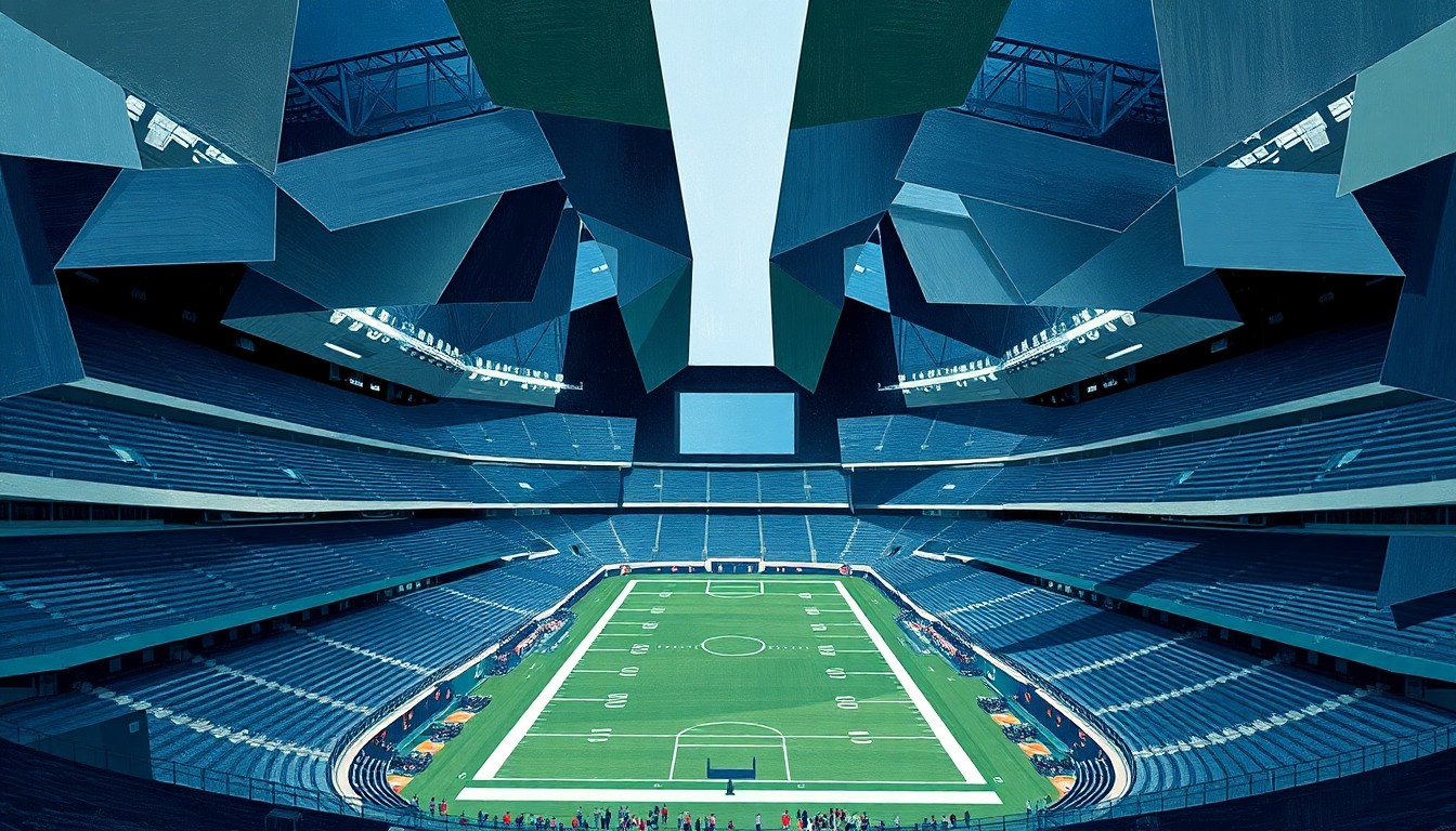 A cubist, geometric painting depicting the interior of a modern NFL stadium, with sharp, overlapping planes of muted colors representing the complex sensory environment for fans with neurological differences.