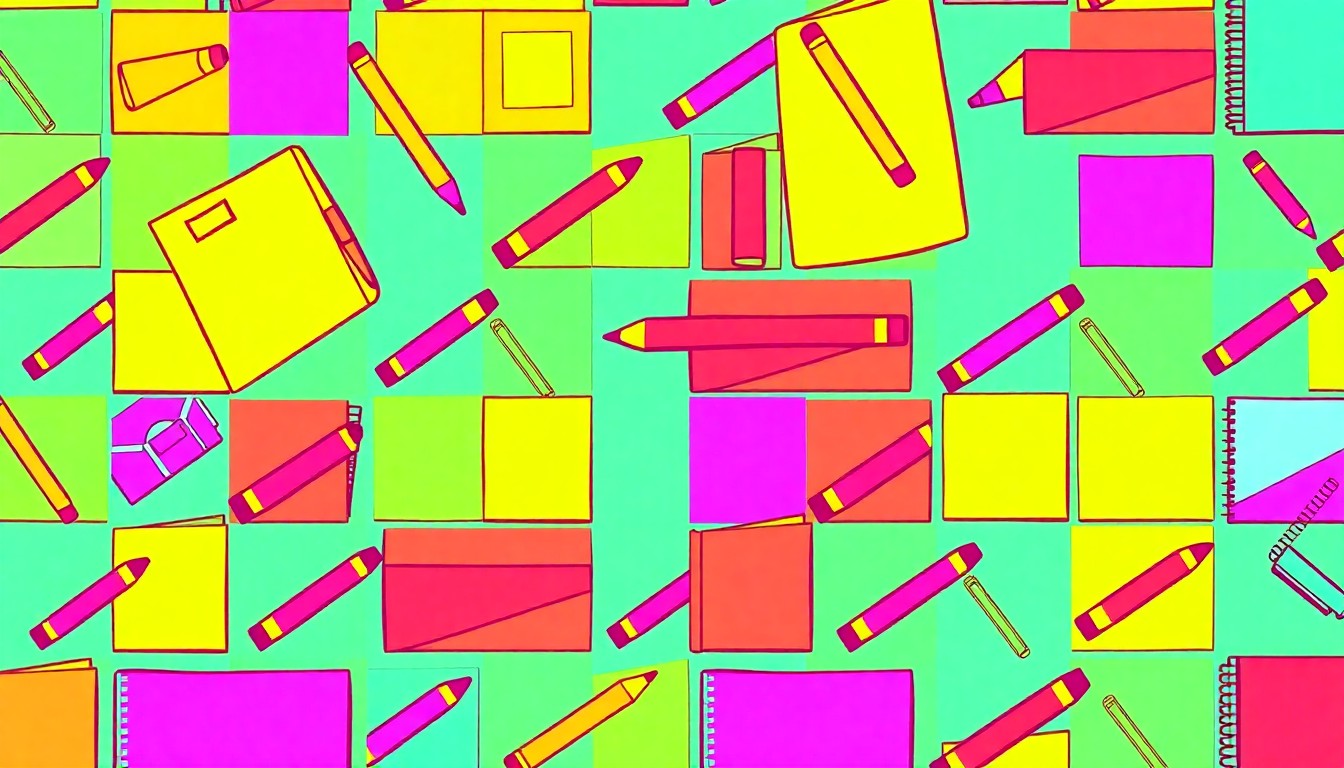 A high-contrast silkscreen print featuring a grid of brightly colored school supply icons, conceptually representing the dynamic labor negotiations between LAUSD unions.