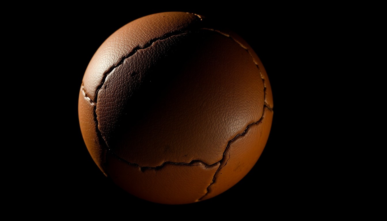 An extreme close-up photograph of a Kabaddi ball, its worn leather texture and surface details illuminated by harsh, direct flash lighting against a pitch-black background, conceptually representing the gritty realities of gang violence disrupting a community event.