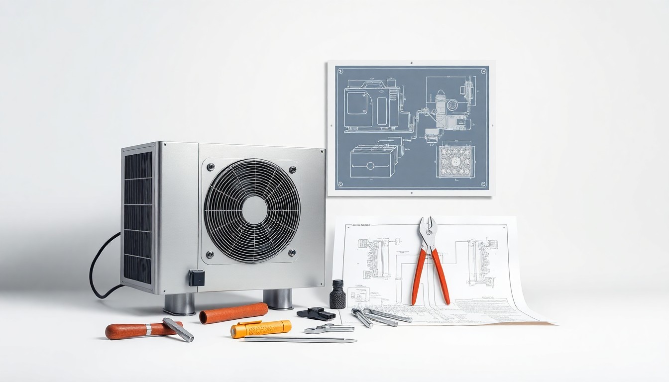 A high-end, photorealistic studio still-life photograph featuring a gleaming metal HVAC unit, a set of precision tools, and a blueprint schematic, conceptually representing the technical expertise and craftsmanship of the Wheelock Heating and Cooling team.