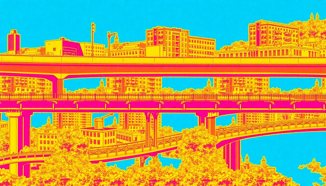 A bold, abstract silkscreen print featuring repeated images of an iconic Akron landmark or infrastructure element in a grid of vibrant neon colors and heavy black outlines, conceptually representing the city's large-scale urban redevelopment efforts.
