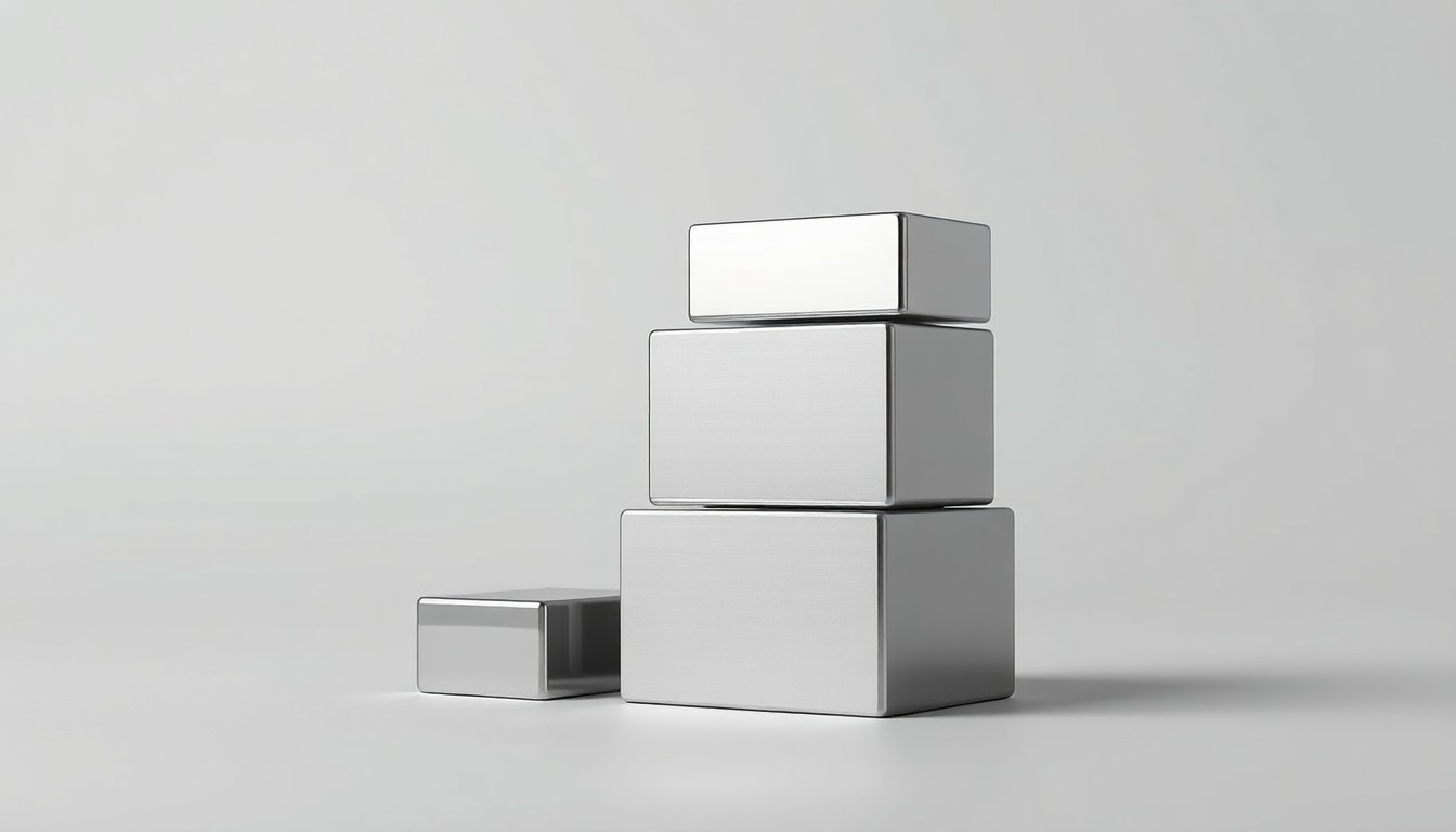 A high-end, photorealistic studio still-life photograph featuring a stack of premium, polished metal cubes in varying shades of silver and grey, arranged elegantly on a clean, monochromatic seamless background. The objects represent the abstract concepts of quantitative finance, market volatility, and the shifting talent landscape in the quant industry, conveying a sense of precision, strategy, and the high-stakes nature of the quant world.