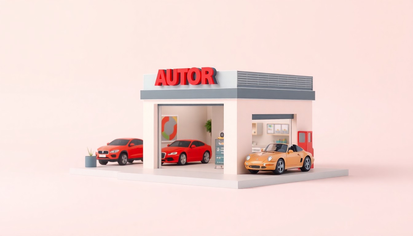 A clean, modern, isometric 3D digital illustration of a stylized auto repair shop, featuring bold colors, smooth textures, and soft lighting to represent the shop's commitment to quality service and community engagement.
