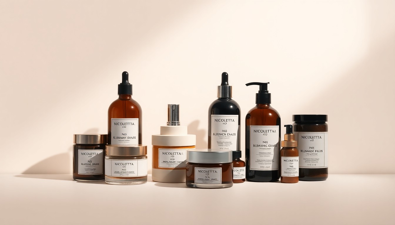 A high-end, photorealistic studio still-life photograph featuring an elegant arrangement of glass, wood, and metal Nicoletta + Co. skincare products on a clean, monochromatic background, conceptually representing the brand's commitment to premium, sustainable materials and design.