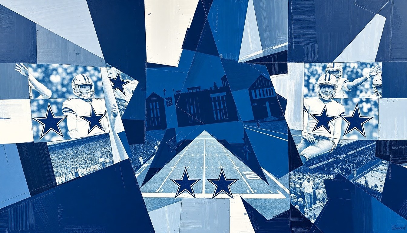 A cubist, geometric painting depicting a fragmented, multi-angled view of a Dallas Cowboys football game or draft day event, with sharp planes of navy blue, silver, and white representing the team's colors.