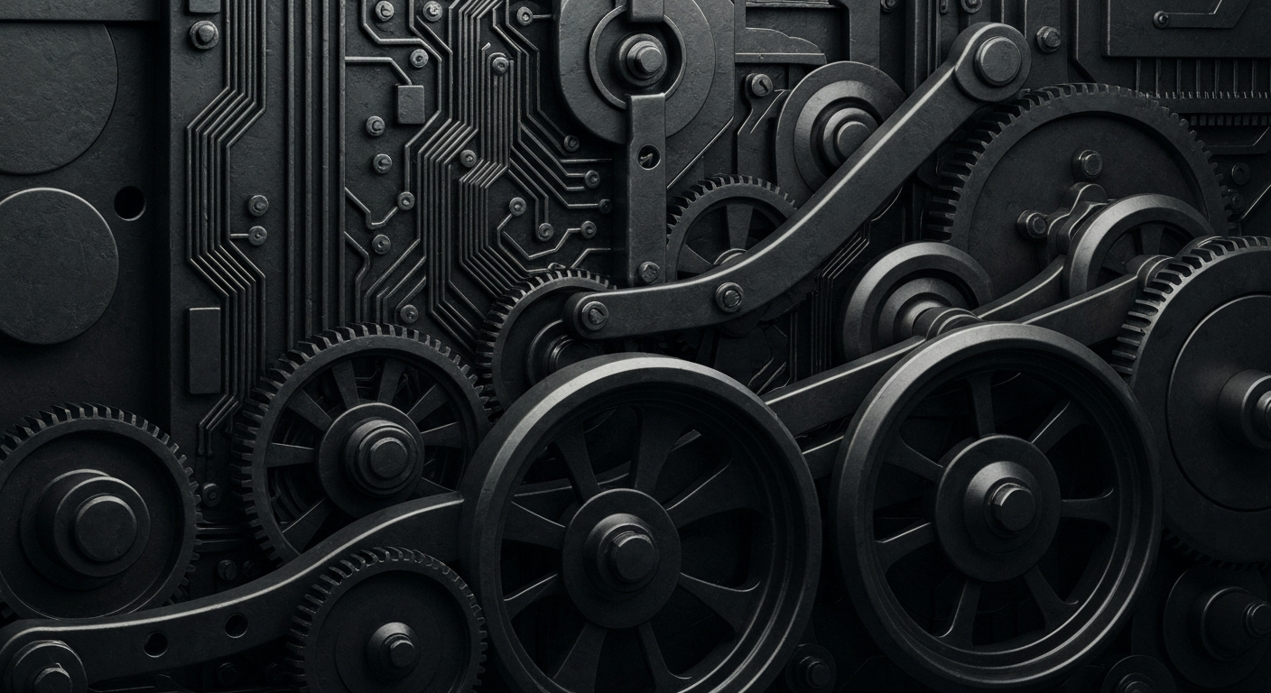 An extreme close-up of complex financial machinery and circuits, conveying the tangible infrastructure and mechanics behind the world of institutional finance.