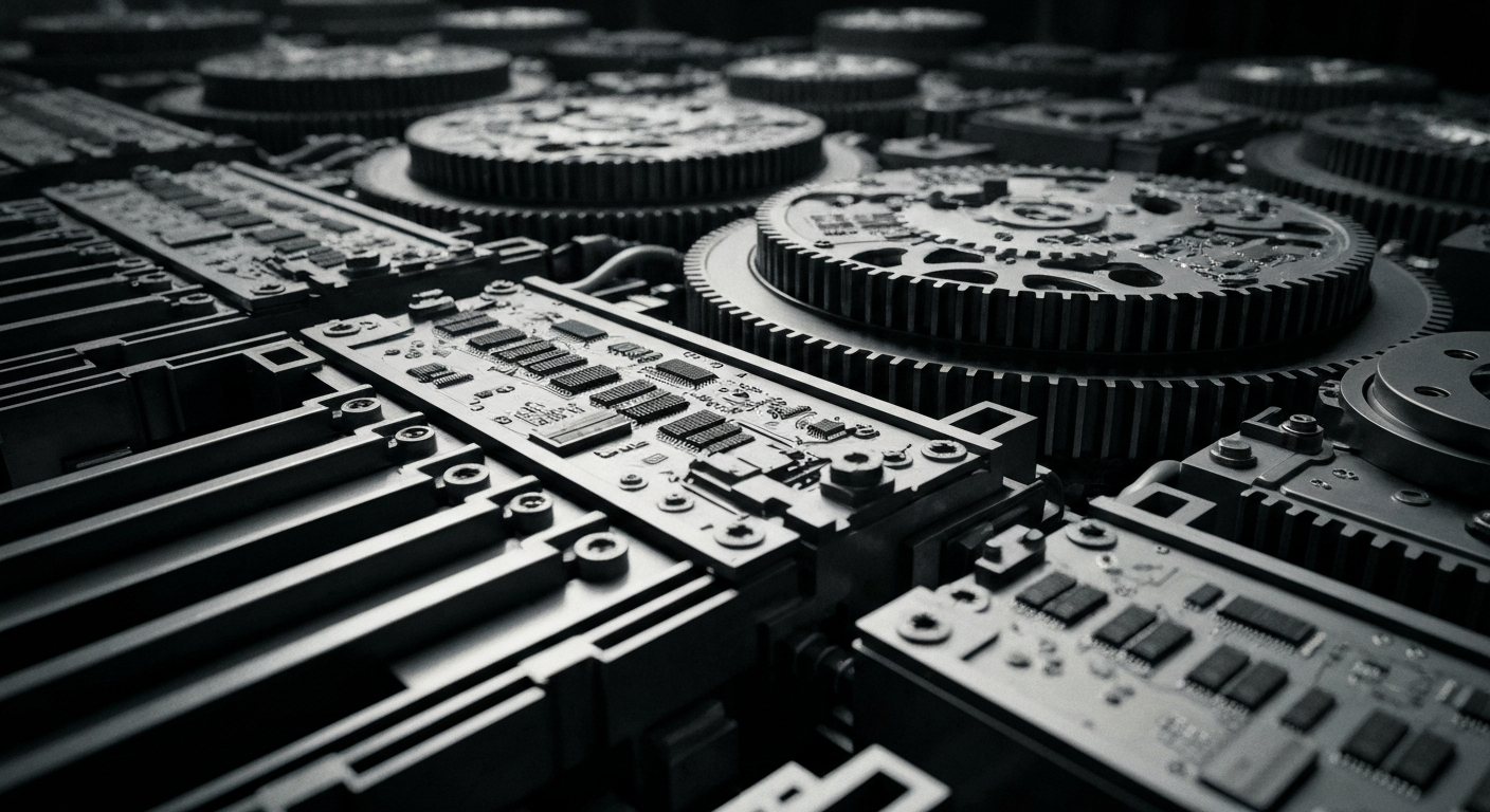 A close-up, black-and-white image of the intricate gears, circuits, and mechanical components that make up the core technology powering a modern financial exchange, conveying the complex, industrial nature of the financial markets infrastructure.