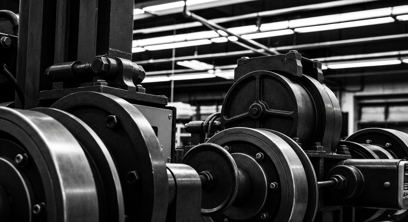 A high-contrast, black and white close-up image of heavy industrial banking equipment and machinery, conveying the physical, tangible nature of financial infrastructure without using literal currency or charts.