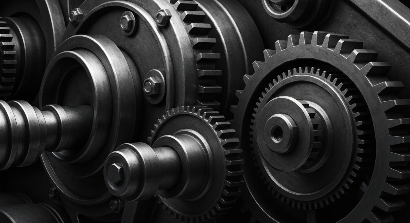 A highly detailed, cinematic close-up of industrial machinery and gears in shades of grey, representing the physical, mechanical nature of Greif's packaging business.