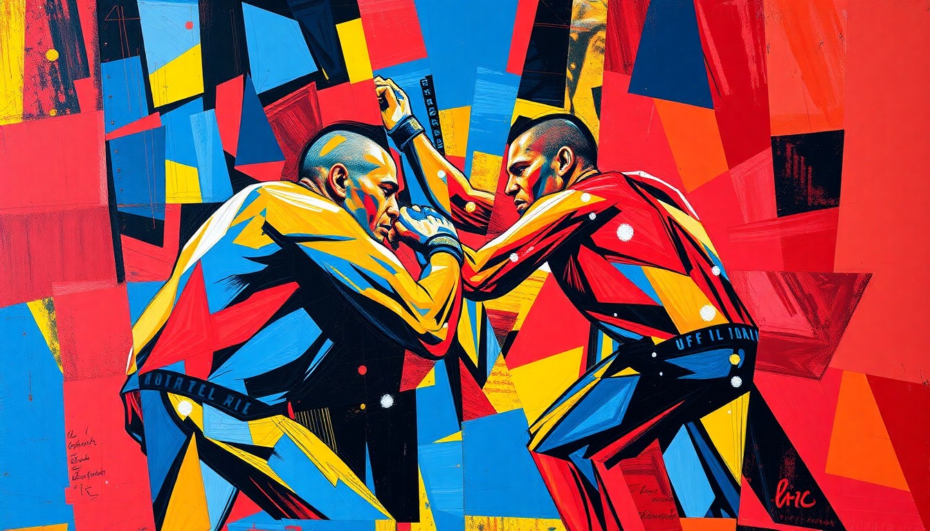A fragmented, cubist-style painting depicting a UFC fight scene, with sharp geometric shapes and planes of vibrant red, blue, and yellow colors conveying the intensity and excitement of the upcoming event.