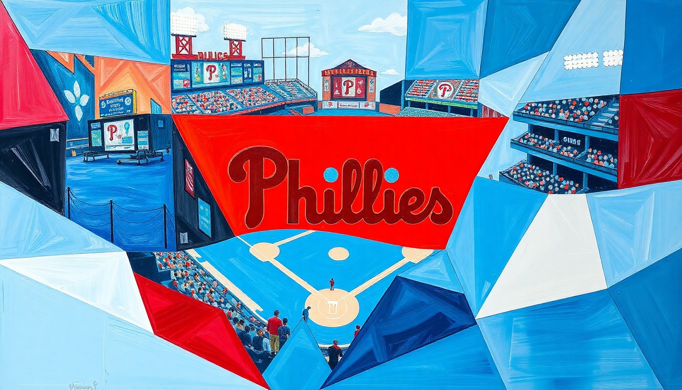 A fractured, multi-perspective painting depicting a Philadelphia Phillies baseball game, with the team's red and blue colors broken down into sharp, overlapping geometric shapes that convey a sense of disarray and underperformance.
