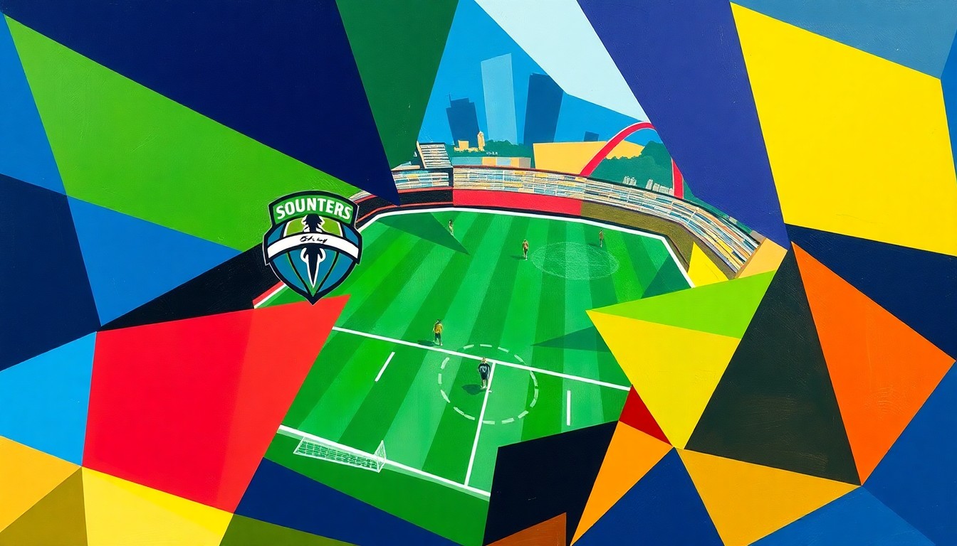 A fragmented, geometric painting depicting the action and energy of a soccer match, with sharp planes of color representing the competing teams.