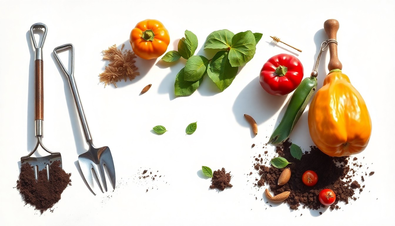 A photorealistic studio still life featuring an arrangement of polished metal farm tools, organic produce, and soil samples on a clean white background, conveying the innovation and precision of no-till farming techniques.