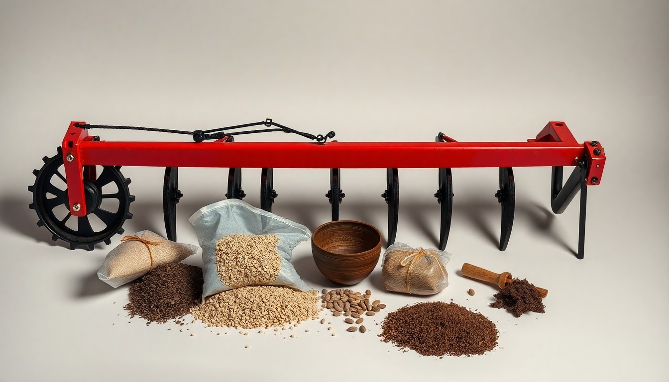 A high-end, photorealistic studio still-life featuring a carefully arranged composition of no-till farming tools and materials, including a seed drill, cover crop seeds, and soil samples, set against a clean, monochromatic background with dramatic lighting and deep shadows.