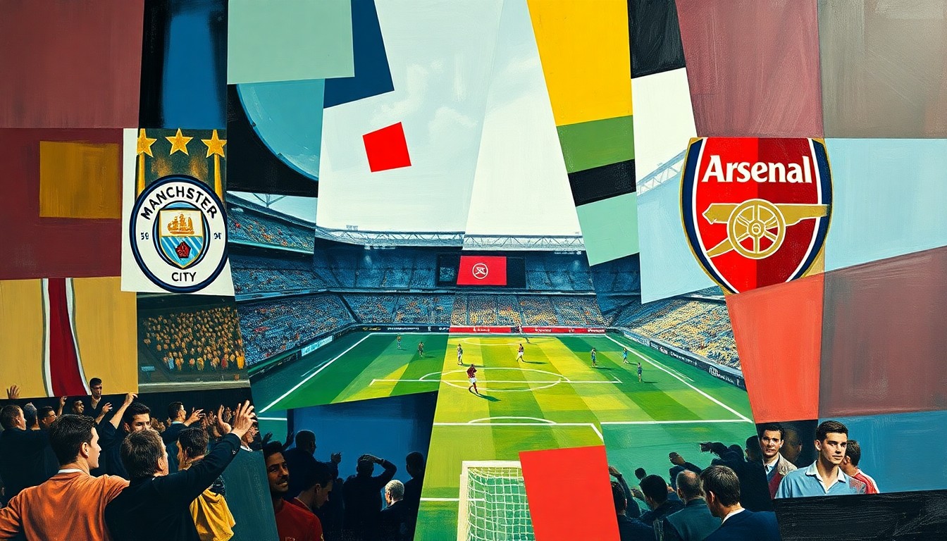 A cubist, geometric illustration depicting a Premier League football match between Manchester City and Arsenal, with the players and action broken down into sharp, overlapping planes of color and form.