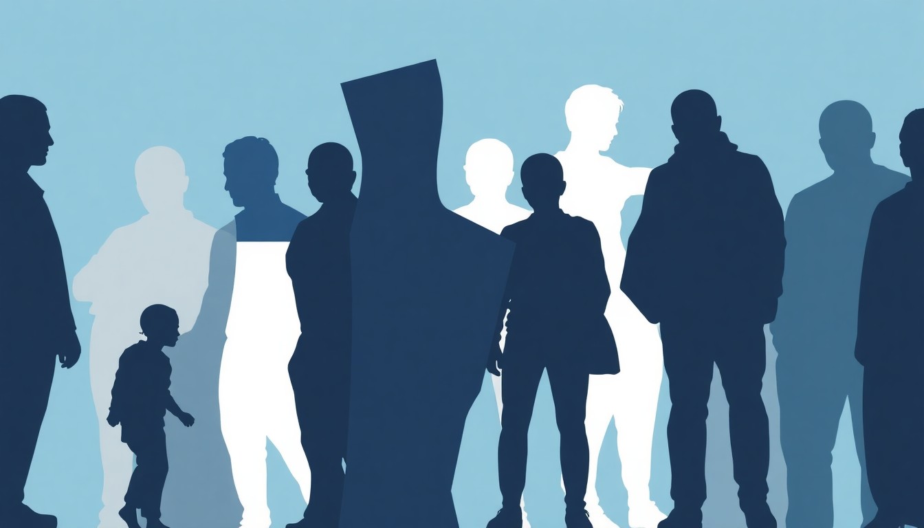 An abstract illustration featuring overlapping geometric shapes and silhouettes in shades of blue, grey, and white, conceptually representing the diverse stories and journeys of immigrants.