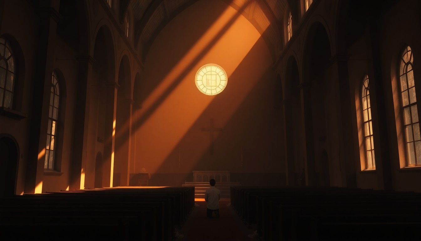 A serene, yet melancholic painting of a dimly lit Catholic church interior, with a single figure kneeling in prayer, conveying a sense of quiet contemplation and unease within the institution.