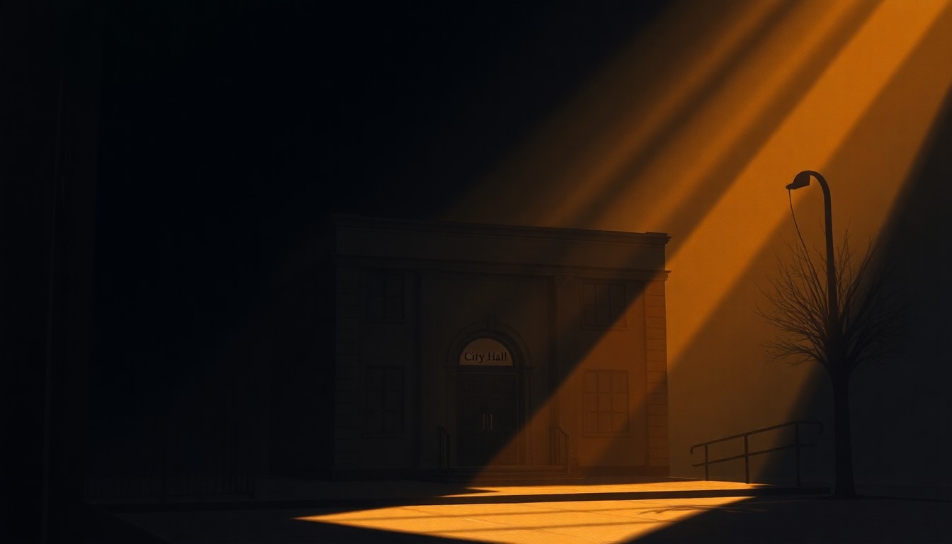 A serene, realistic painting of a municipal building in warm, golden light, with deep shadows across the facade, conveying a sense of civic contemplation and financial uncertainty.