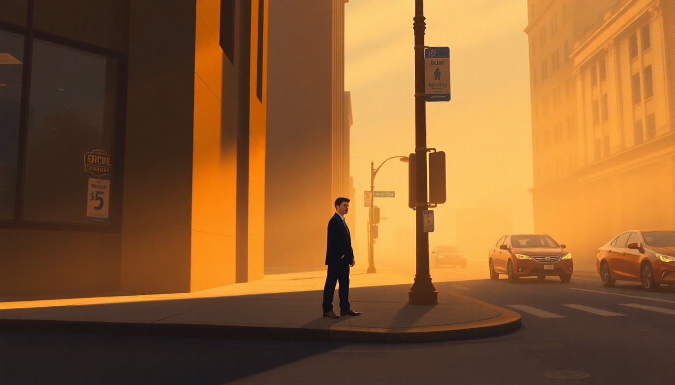 A solitary figure standing on a city street corner, bathed in warm, diagonal sunlight and deep shadows, conceptually representing the political maneuvering behind a potential presidential campaign.