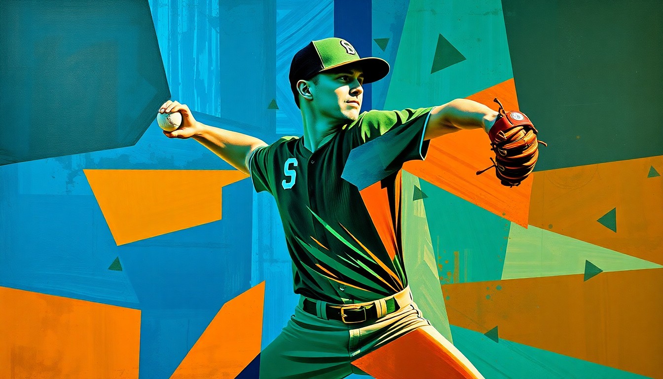An abstract, cubist-style painting depicting a baseball pitcher's delivery broken down into sharp, overlapping geometric shapes and planes of deep blue, forest green, and burnt orange, capturing the raw athleticism and determination of the sport.