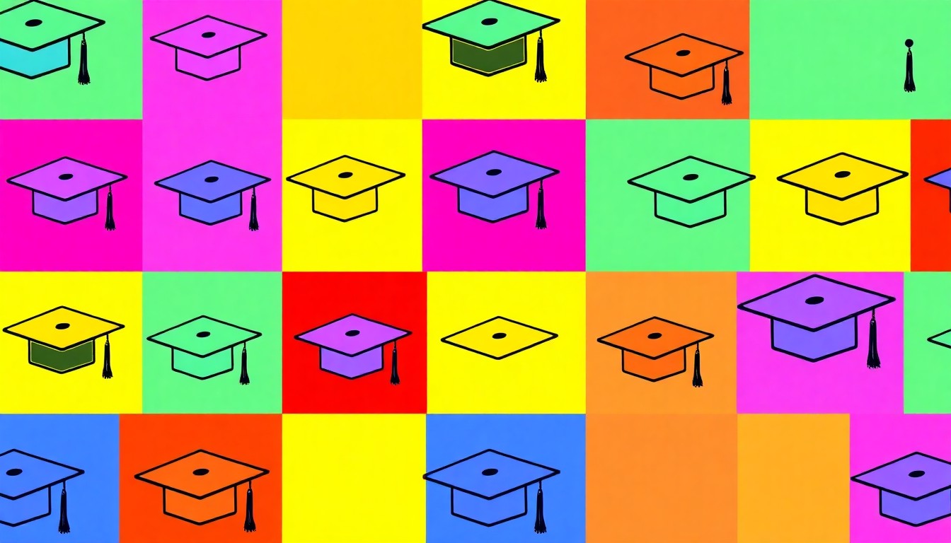 A brightly colored, high-contrast silkscreen print of a graduation cap icon repeated in a tight grid pattern, capturing the celebratory spirit of academic success in the Howell community.