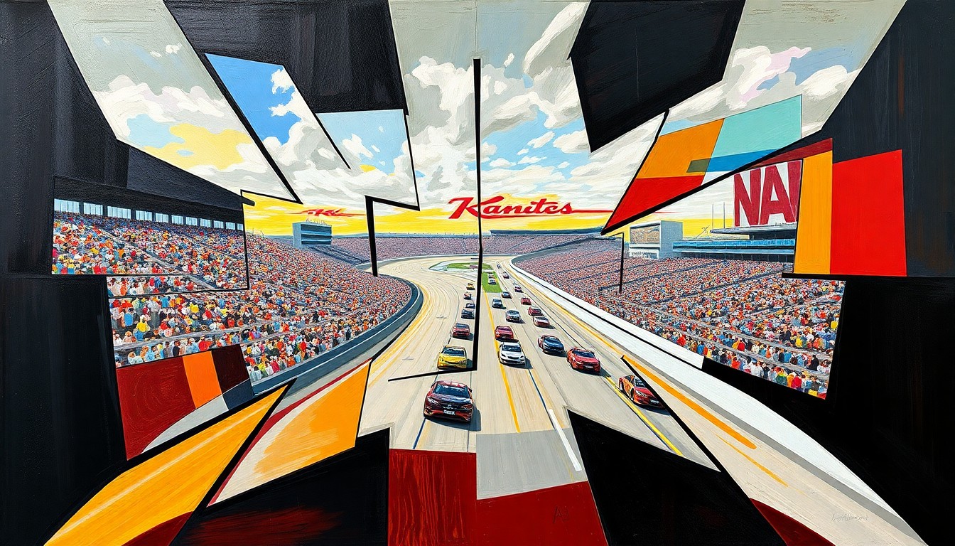 A fragmented, geometric painting depicting the dynamic movements and competitive spirit of a NASCAR race, with cars and track elements broken down into overlapping angular shapes and planes.