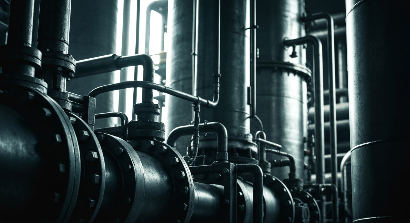 A dramatic, highly detailed close-up image of the inner workings and mechanisms of heavy industrial equipment, conveying the technical sophistication and manufacturing prowess of PPG Industries.