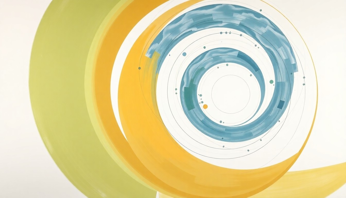 A highly structured abstract painting in muted tones of green, ochre, and blue, featuring sweeping geometric arcs, concentric circles, and precise botanical spirals, conceptually representing the cutting-edge scientific research and innovation taking place at the new LSU science facility in Baton Rouge.