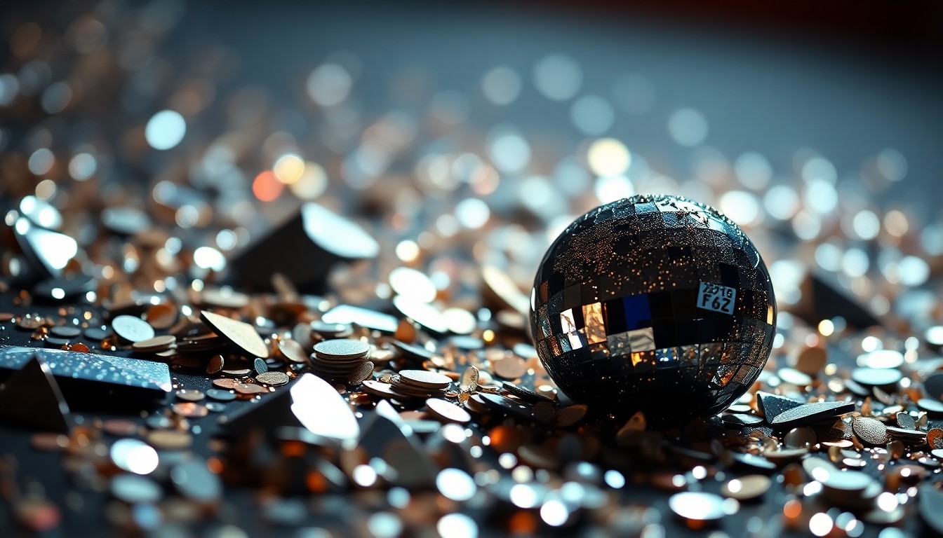 An extreme close-up of shimmering sequins and shattered glass, capturing the luxurious and energetic atmosphere of Coachella's musical performances.