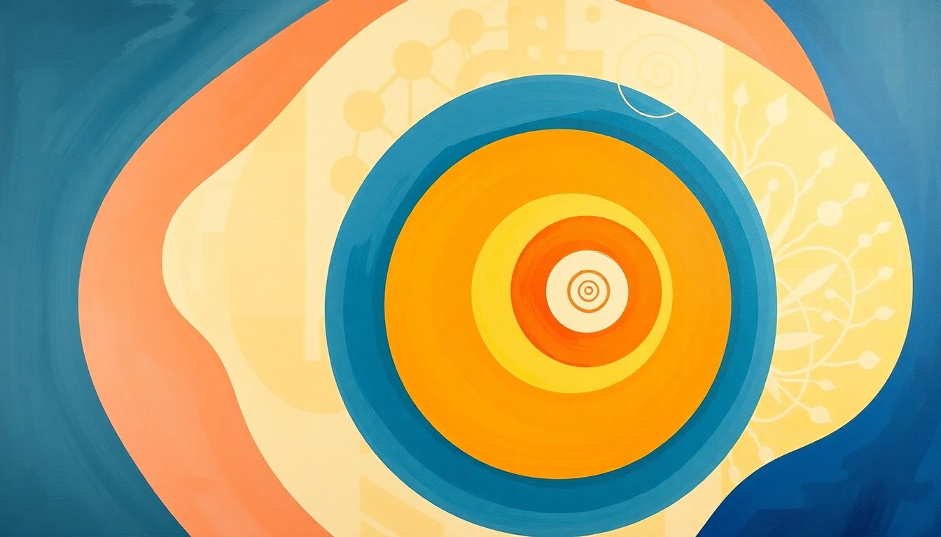 A vibrant abstract painting featuring sweeping arcs, concentric circles, and botanical spirals in soft colors, representing the complex structures and forces of scientific research and discovery.