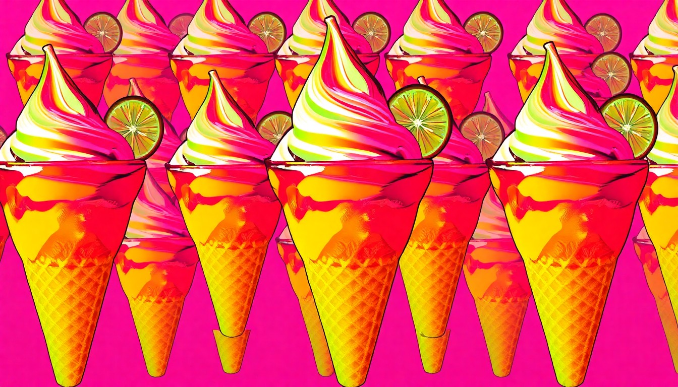 A bold, graphic illustration in the style of Andy Warhol, featuring a repeating pattern of a single soft serve margarita in a waffle cone, rendered in vibrant neon colors and heavy black outlines.