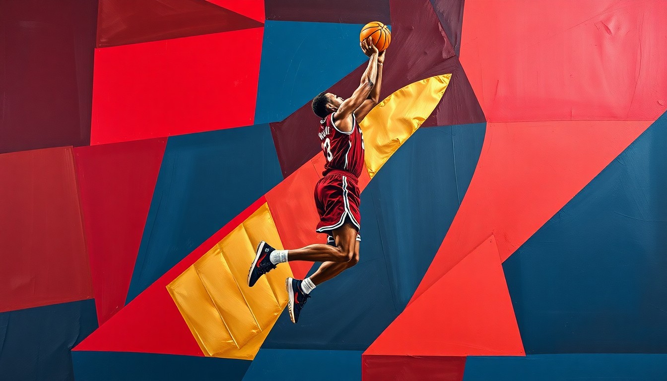 A fragmented, cubist-style painting depicting a basketball player in mid-jump shot, with their body and movement broken down into sharp, overlapping geometric shapes and planes in a rich color palette, conveying the dynamic energy and importance of the upcoming playoff series.