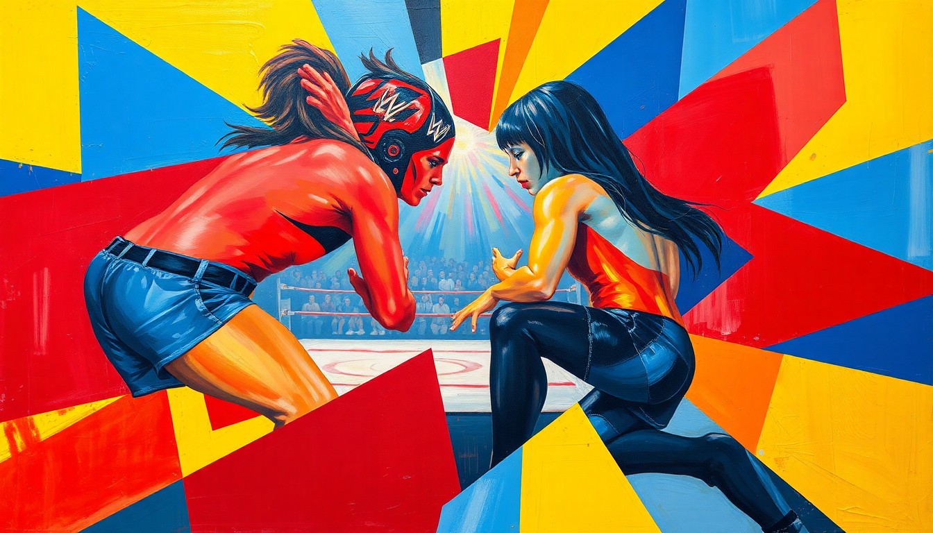 A fractured, multi-perspective painting in bold, vibrant colors depicting the action and movement of a women's wrestling match, with the figures and background broken down into sharp, overlapping geometric shapes and planes.