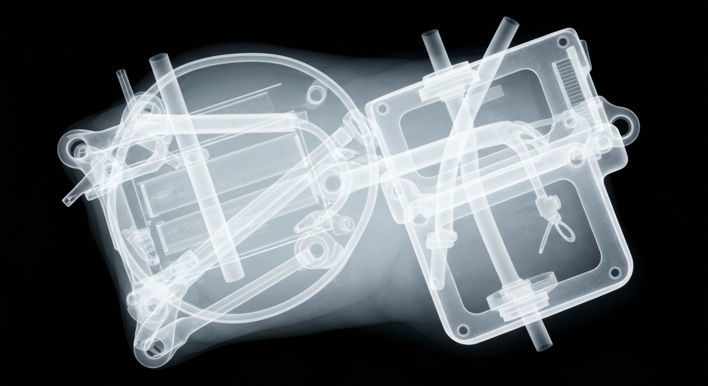 A translucent X-ray photograph revealing the intricate internal structure of a medical device, representing the unseen work of community health workers in supporting older patients.