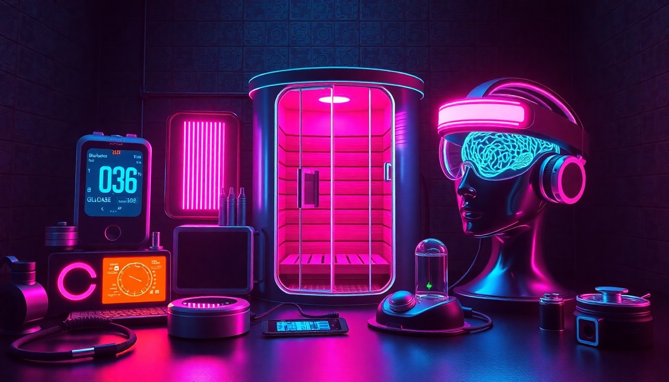 A highly detailed, glowing 3D illustration of various biohacking devices and gadgets, including a continuous glucose monitor, an infrared sauna, and a brain stimulation headset, all illuminated by neon cyan and magenta lights against a dark, futuristic backdrop, conceptually representing the emerging biohacking industry.