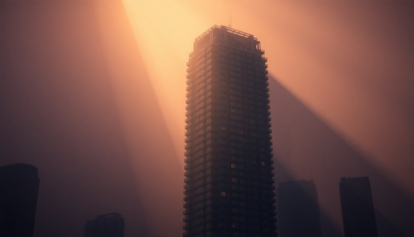 A photorealistic painting of a tall, sleek glass and steel high-rise apartment building in a warm, golden light, conveying a sense of wealth and exclusivity.