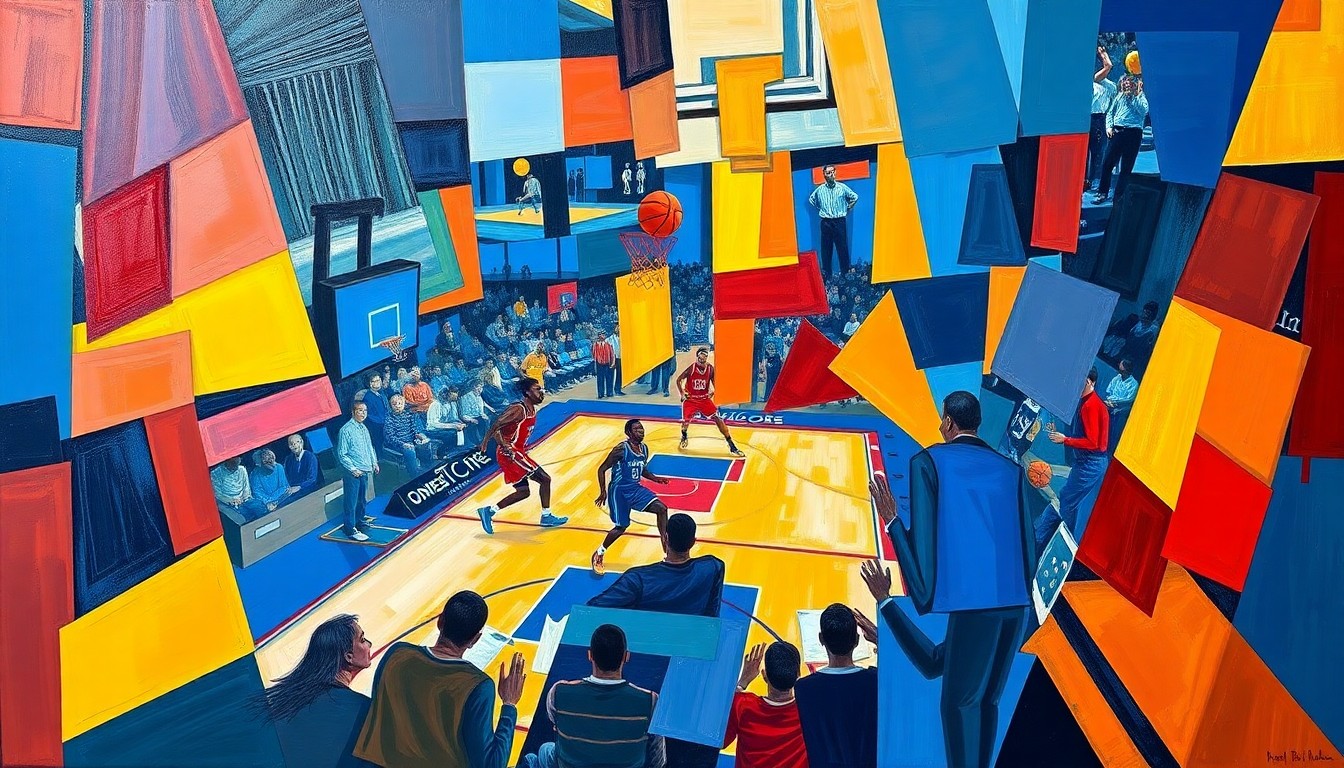 A cubist-style painting depicting a basketball game or playoff action, with the players and court broken down into sharp, overlapping geometric shapes in a vibrant color palette, conveying the strategic and analytical nature of Popovich's coaching influence.