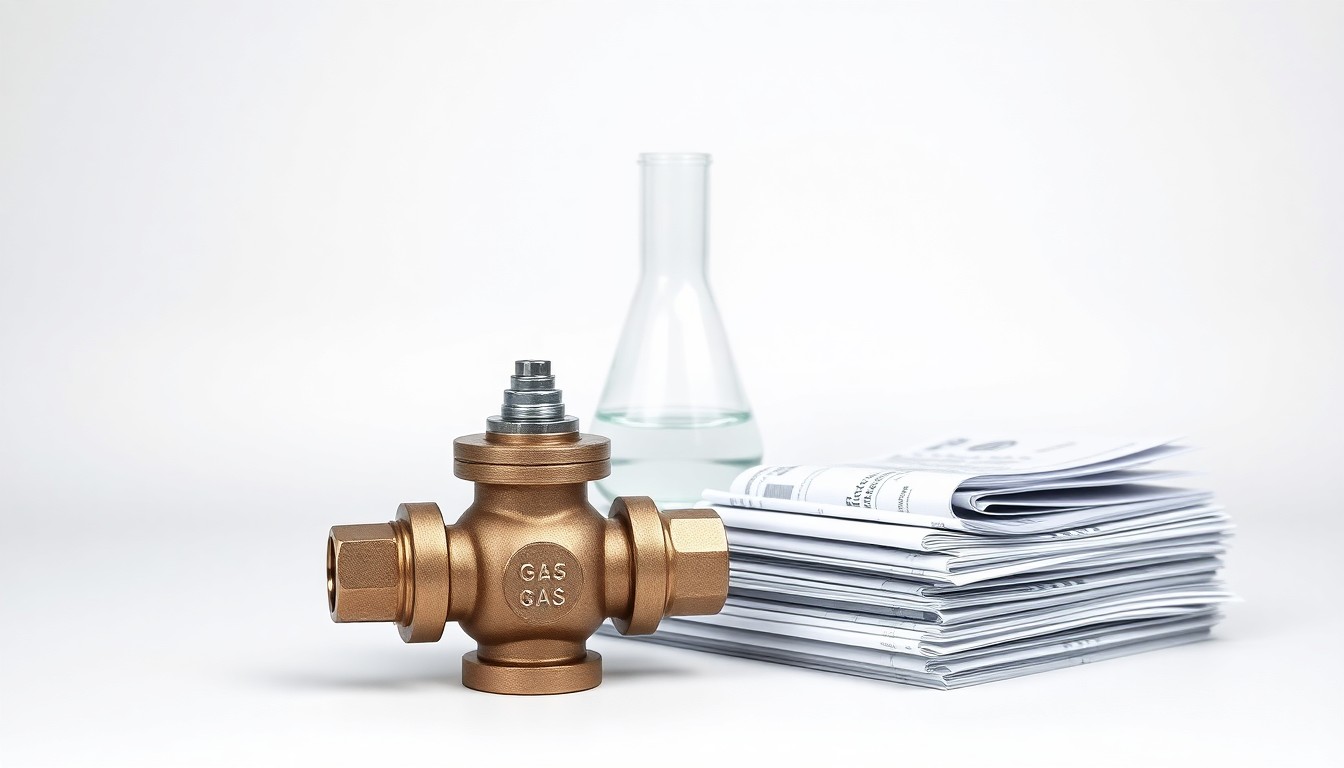 A high-end, photorealistic studio still-life photograph featuring a polished metal gas valve, a glass beaker filled with a clear liquid, and a stack of financial documents on a clean, monochromatic seamless background, conceptually representing the precision and stability of the natural gas distribution industry.